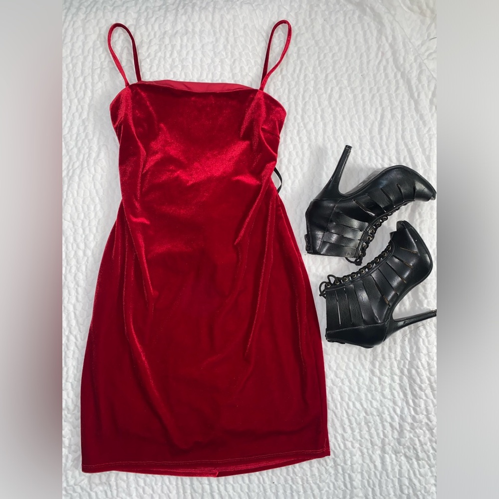 Macy’s red velvet shirt dress with knot on the back
